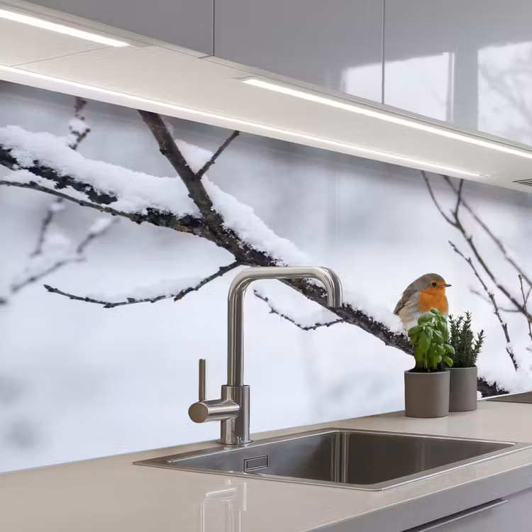 Keuken achterwand - Roodborstje - Tak - Sneeuw - Winter - Levendig — 2