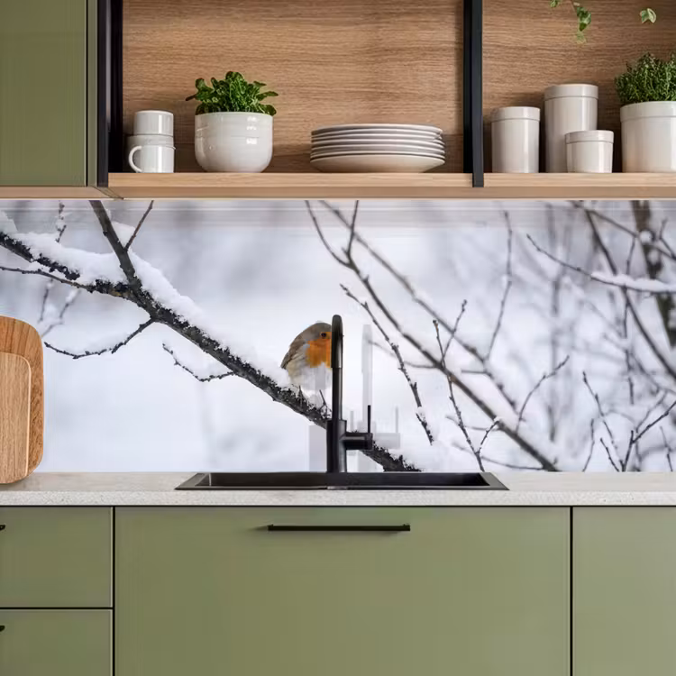 Keuken achterwand - Roodborstje - Tak - Sneeuw - Winter - Levendig — 8