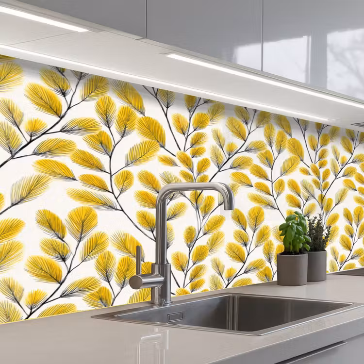 Keuken achterwand - Bladeren - Botanisch - Elegant - Geel - Zwart — 2