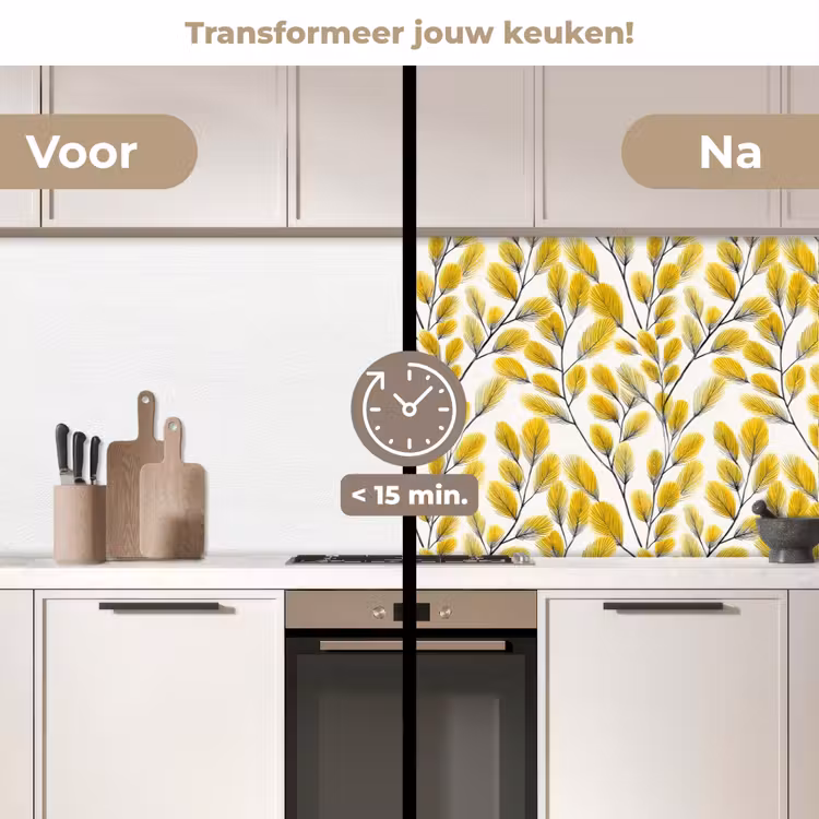 Keuken achterwand - Bladeren - Botanisch - Elegant - Geel - Zwart — 3