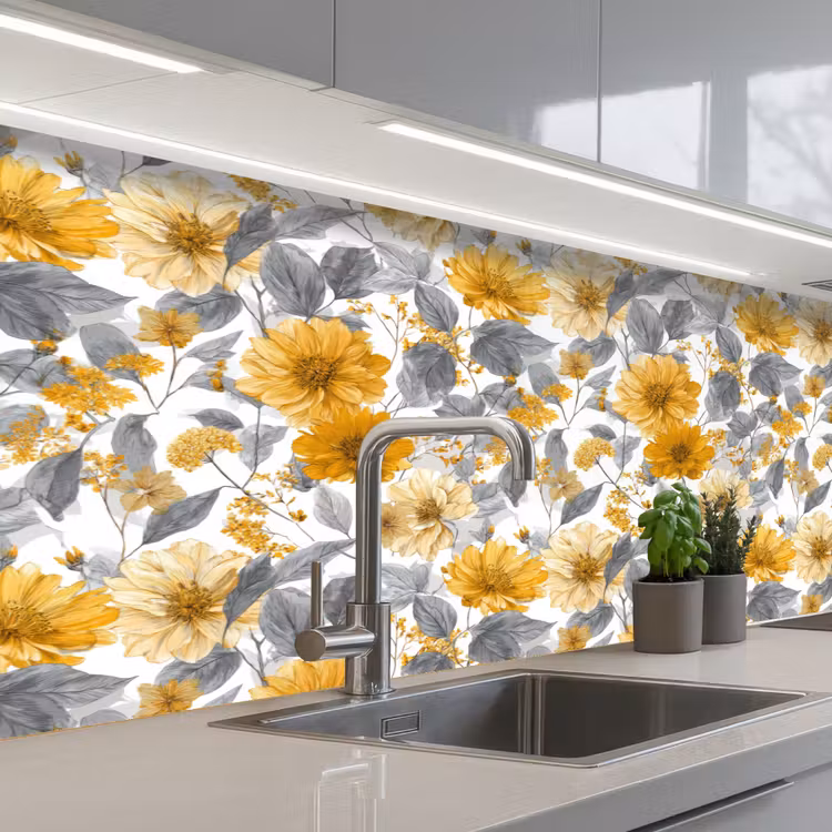 Keuken achterwand - Bloemen - Botanisch - Elegant - Okergeel - Grijs — 2