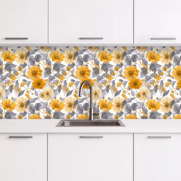 Keuken achterwand - Bloemen - Botanisch - Elegant - Okergeel - Grijs — 4