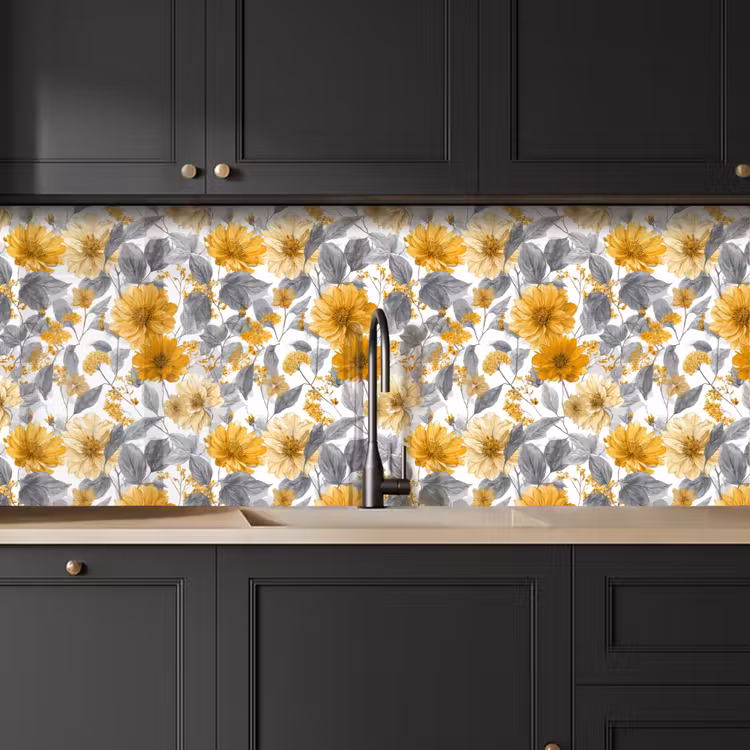 Keuken achterwand - Bloemen - Botanisch - Elegant - Okergeel - Grijs — 6