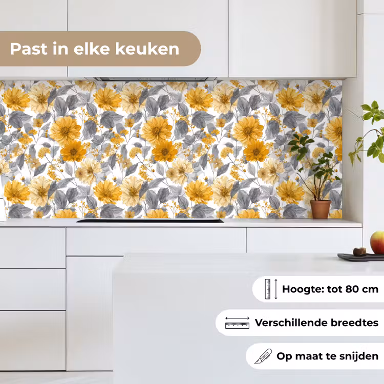 Keuken achterwand - Bloemen - Botanisch - Elegant - Okergeel - Grijs — 7