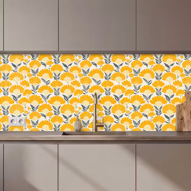 Keuken achterwand - Bloemen - Retro - Botanisch - Okergeel - Grijs — 1
