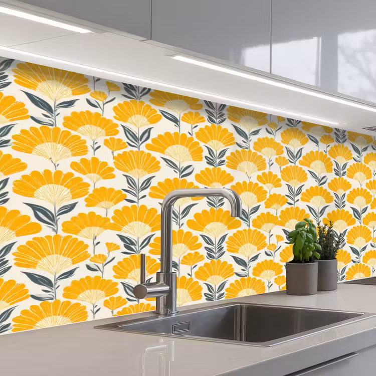 Keuken achterwand - Bloemen - Retro - Botanisch - Okergeel - Grijs — 2