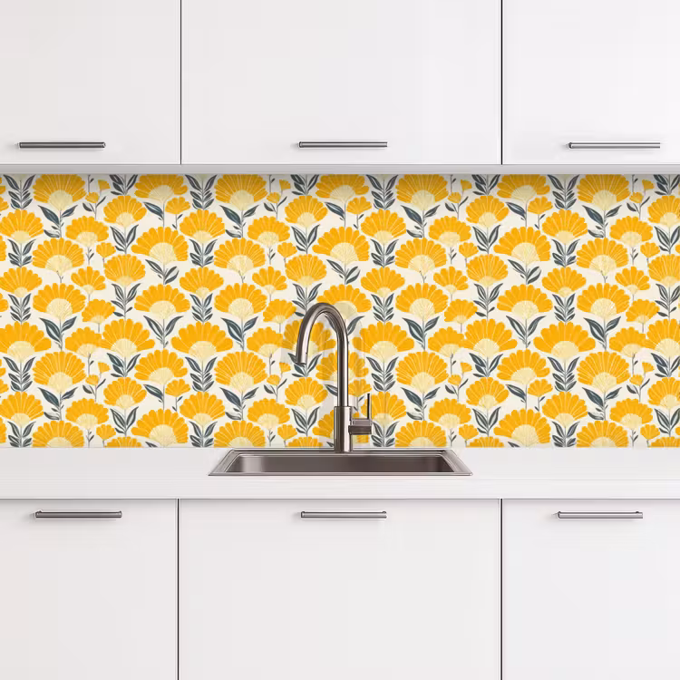 Keuken achterwand - Bloemen - Retro - Botanisch - Okergeel - Grijs — 4