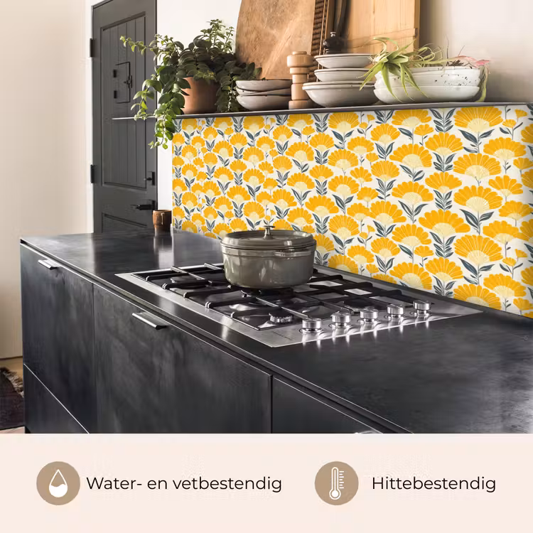Keuken achterwand - Bloemen - Retro - Botanisch - Okergeel - Grijs — 5