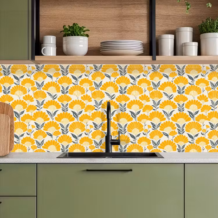 Keuken achterwand - Bloemen - Retro - Botanisch - Okergeel - Grijs — 8