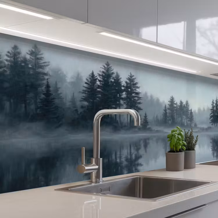 Keuken achterwand - Bos - Meer - Mist - Natuur - Grijs — 2