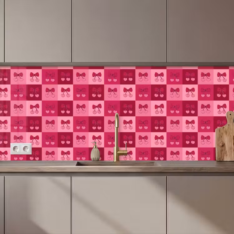 Keuken achterwand - Kersen - Strikjes - Speels - Roze - Bordeaux — 1