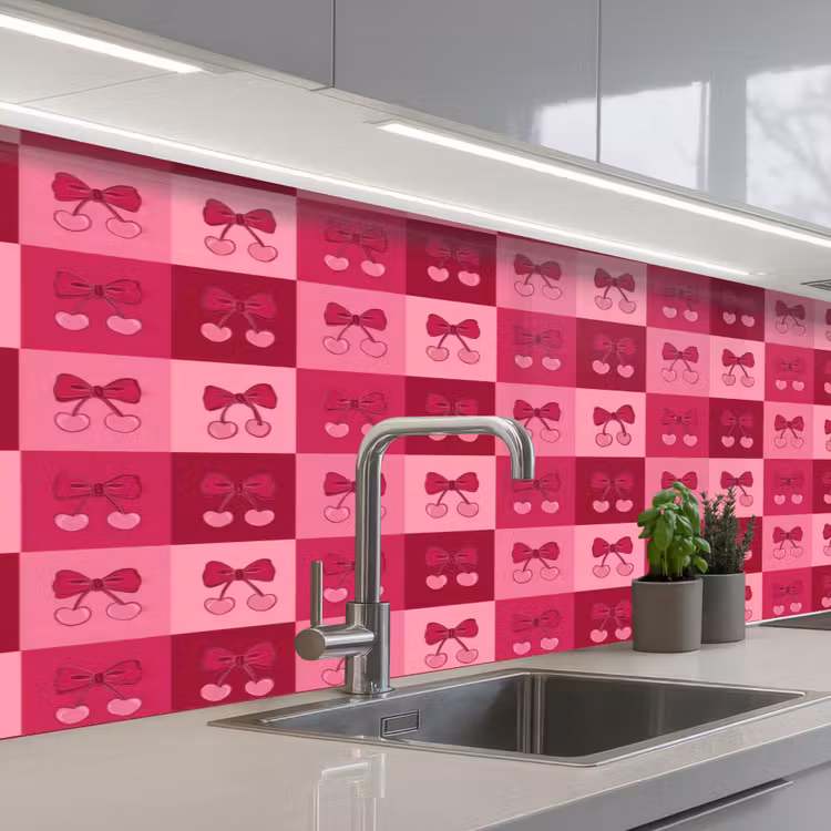 Keuken achterwand - Kersen - Strikjes - Speels - Roze - Bordeaux — 2