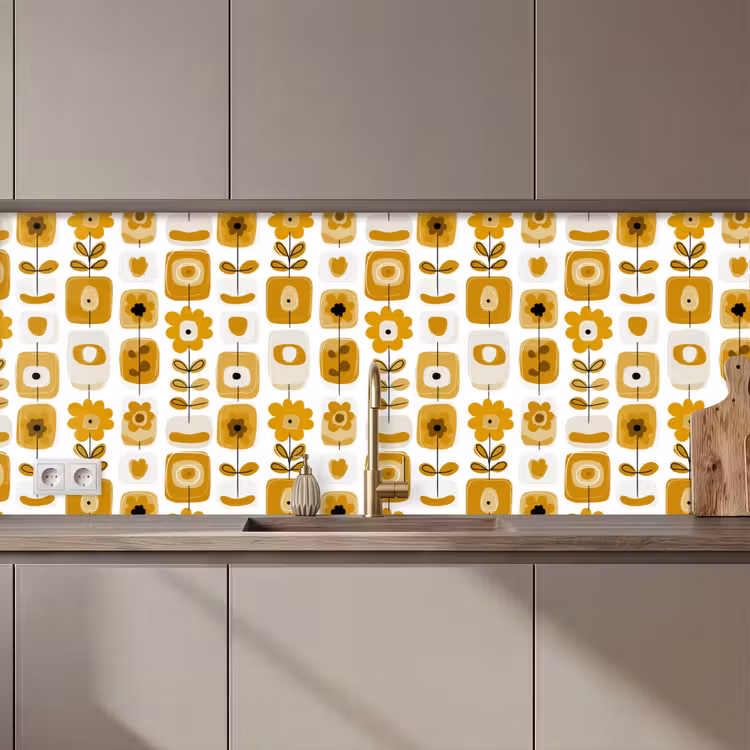 Keuken achterwand - Retro - Abstract - Bloemen - Okergeel — 1