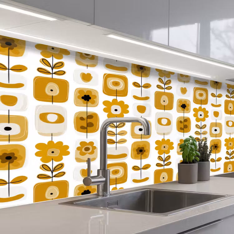 Keuken achterwand - Retro - Abstract - Bloemen - Okergeel — 2