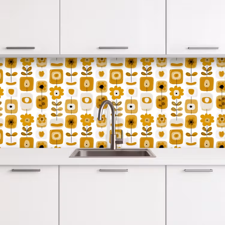 Keuken achterwand - Retro - Abstract - Bloemen - Okergeel — 4