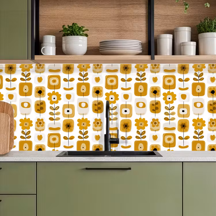 Keuken achterwand - Retro - Abstract - Bloemen - Okergeel — 8