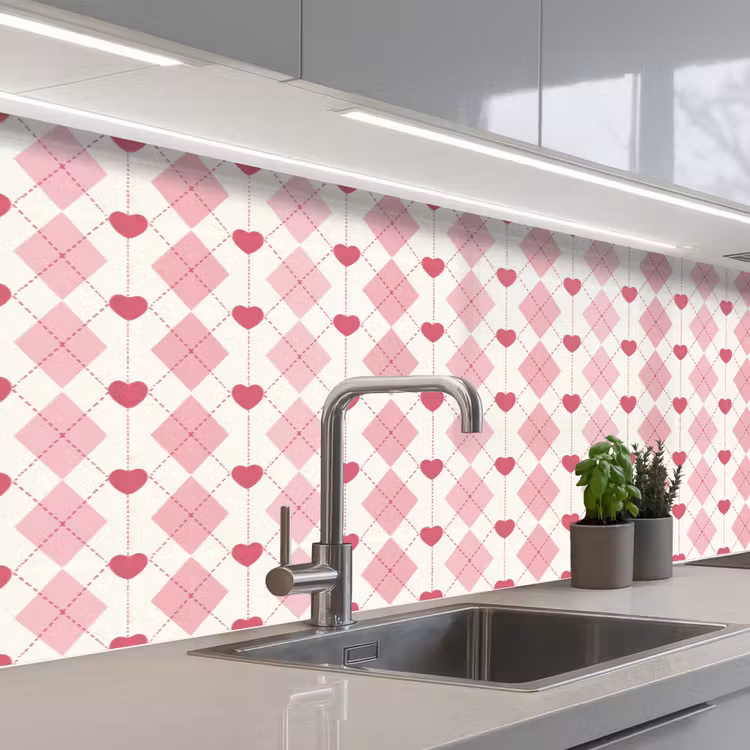 Keuken achterwand - Ruiten - Klassiek - Roze - Wit — 2