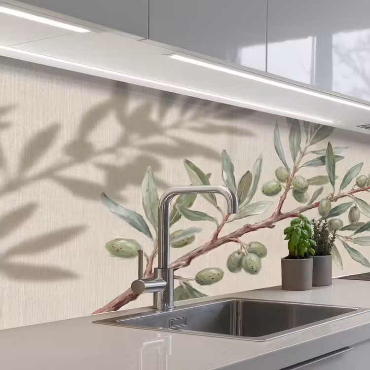 Keuken achterwand - Olijftak - Bladeren - Natuur - Groen - Beige — 2