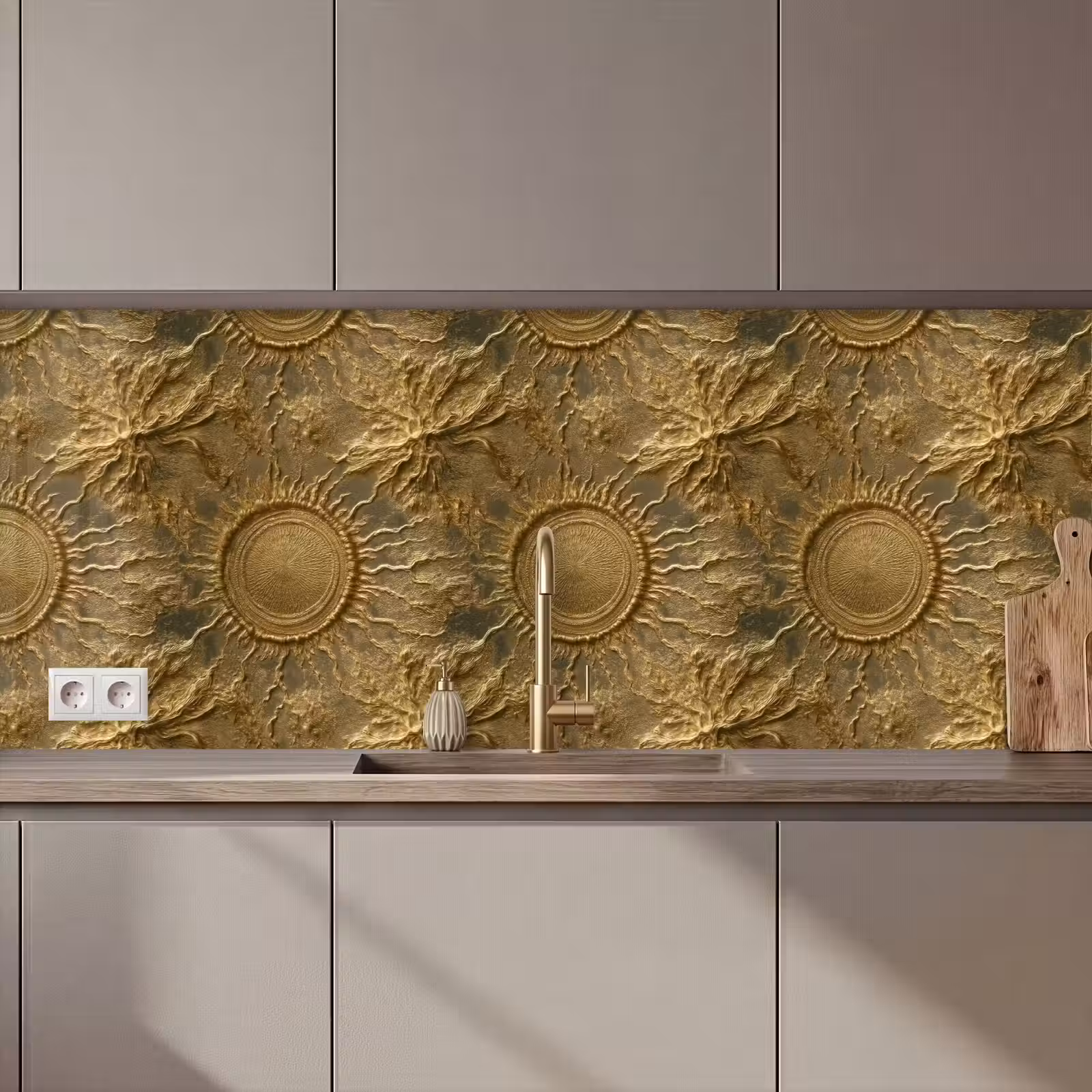 Keuken achterwand - Zon - Reliëf - Antiek - Goud — 1