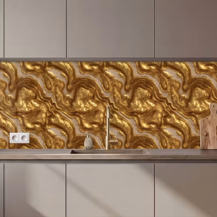 Keuken achterwand - Golven - Organisch - Goud - Crème — 1