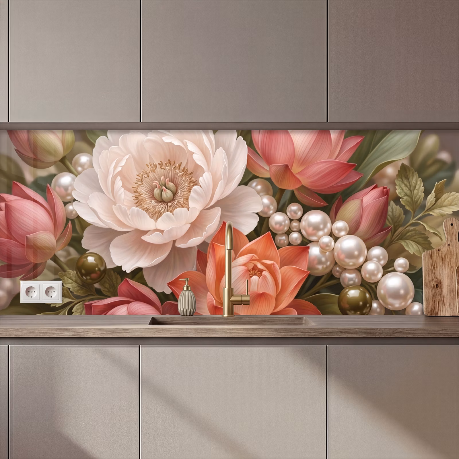 Keuken achterwand - Bloemen - Parels - Elegant - Roze - Wit — 1