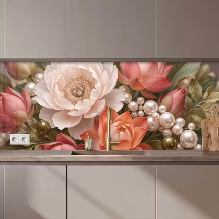 Keuken achterwand - Bloemen - Parels - Elegant - Roze - Wit — 1
