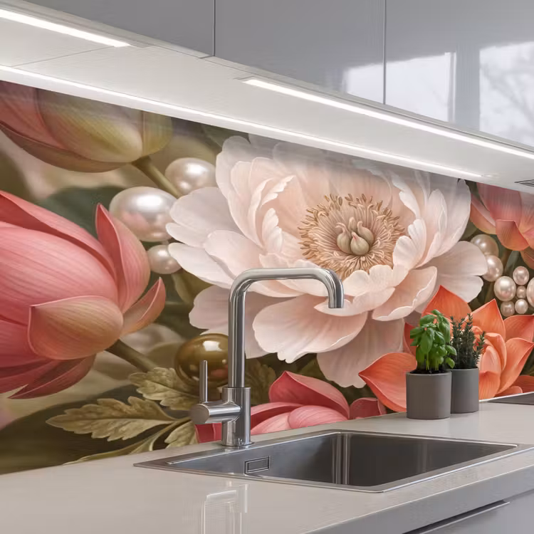 Keuken achterwand - Bloemen - Parels - Elegant - Roze - Wit — 2