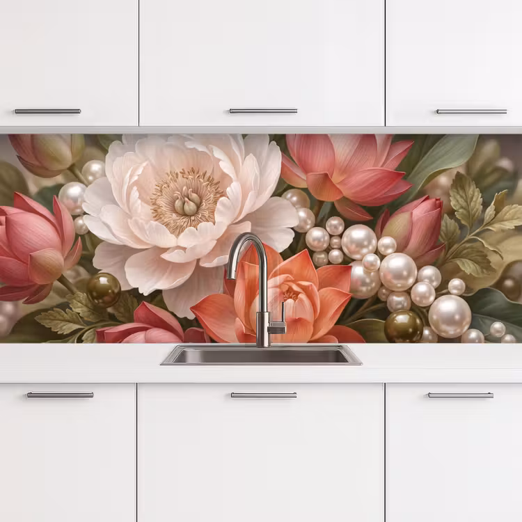 Keuken achterwand - Bloemen - Parels - Elegant - Roze - Wit — 4