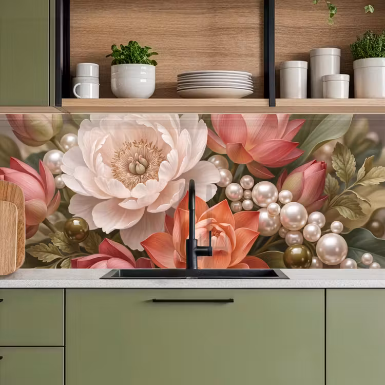 Keuken achterwand - Bloemen - Parels - Elegant - Roze - Wit — 8
