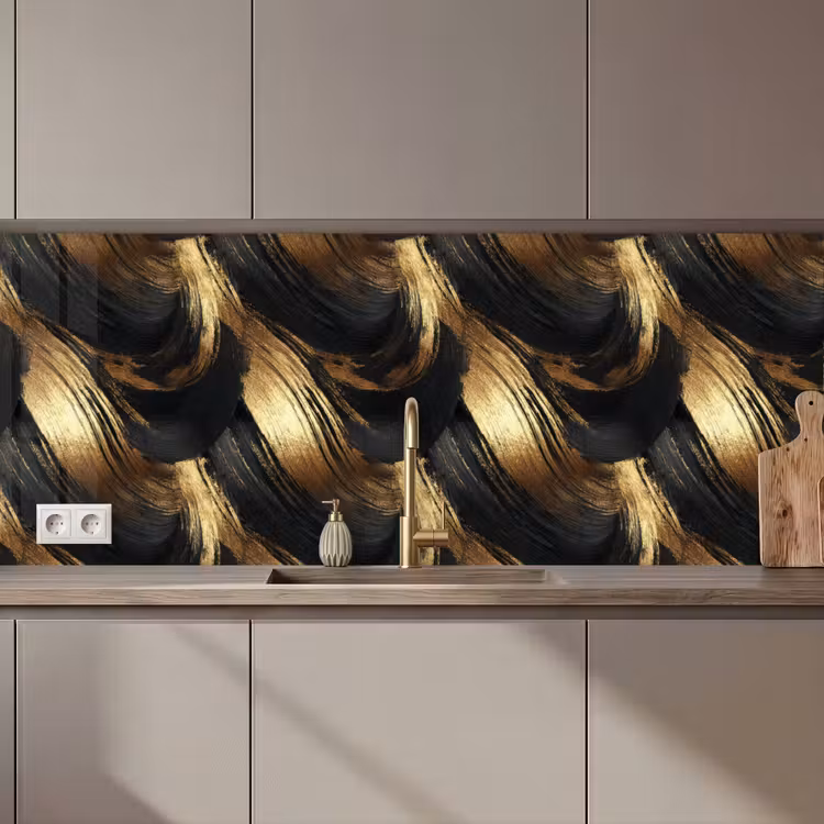 Keuken achterwand - Verfstreken - Abstract - Goud - Zwart — 1