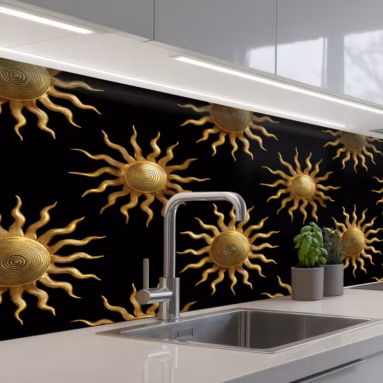 Keuken achterwand - Zon - Patroon - Luxe - Goud - Zwart — 2