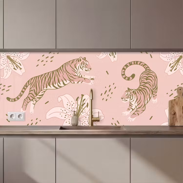 Keuken achterwand - Kat - Springend - Bloemen - Abstract - Roze — 1