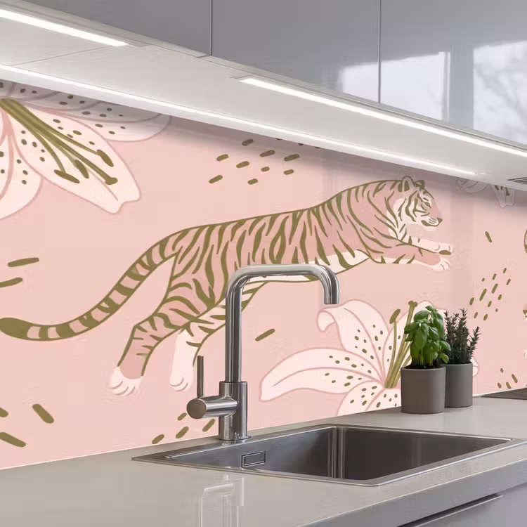 Keuken achterwand - Kat - Springend - Bloemen - Abstract - Roze — 2