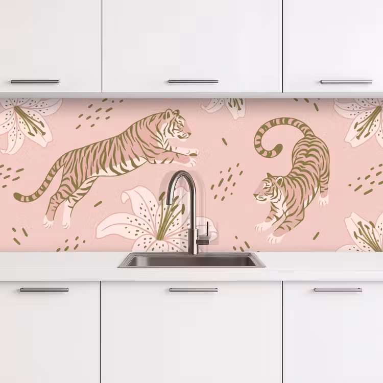 Keuken achterwand - Kat - Springend - Bloemen - Abstract - Roze — 4