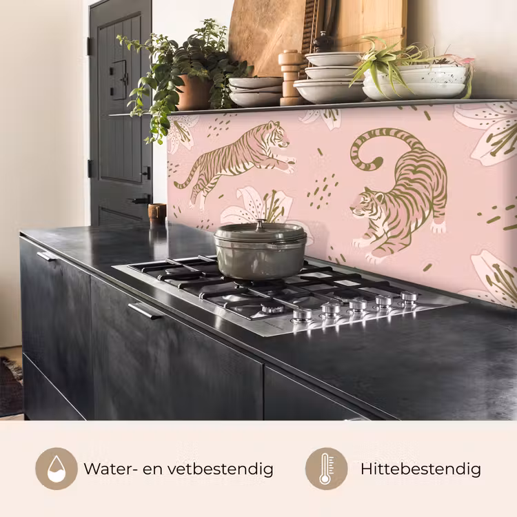 Keuken achterwand - Kat - Springend - Bloemen - Abstract - Roze — 5