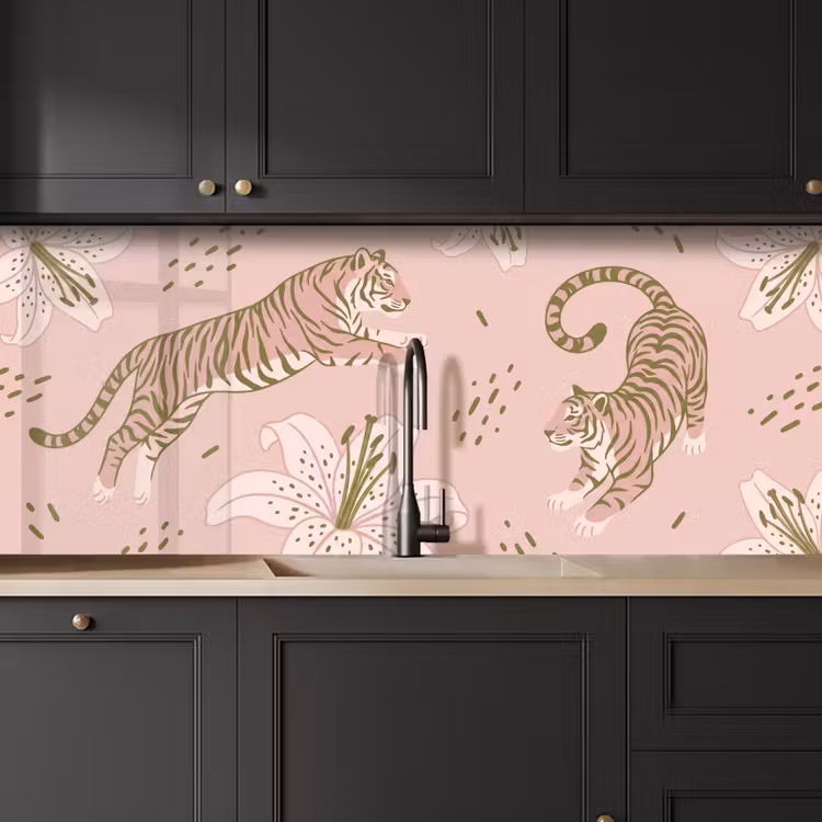 Keuken achterwand - Kat - Springend - Bloemen - Abstract - Roze — 6