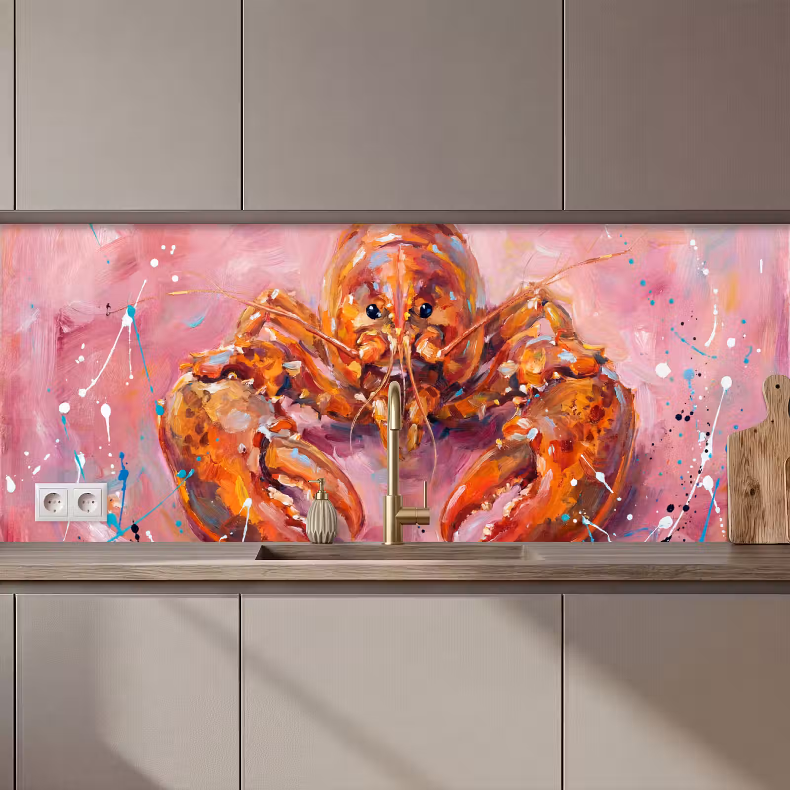 Keuken achterwand - Zeeleven - Kreeft - Spatters - Abstract - Roze — 1