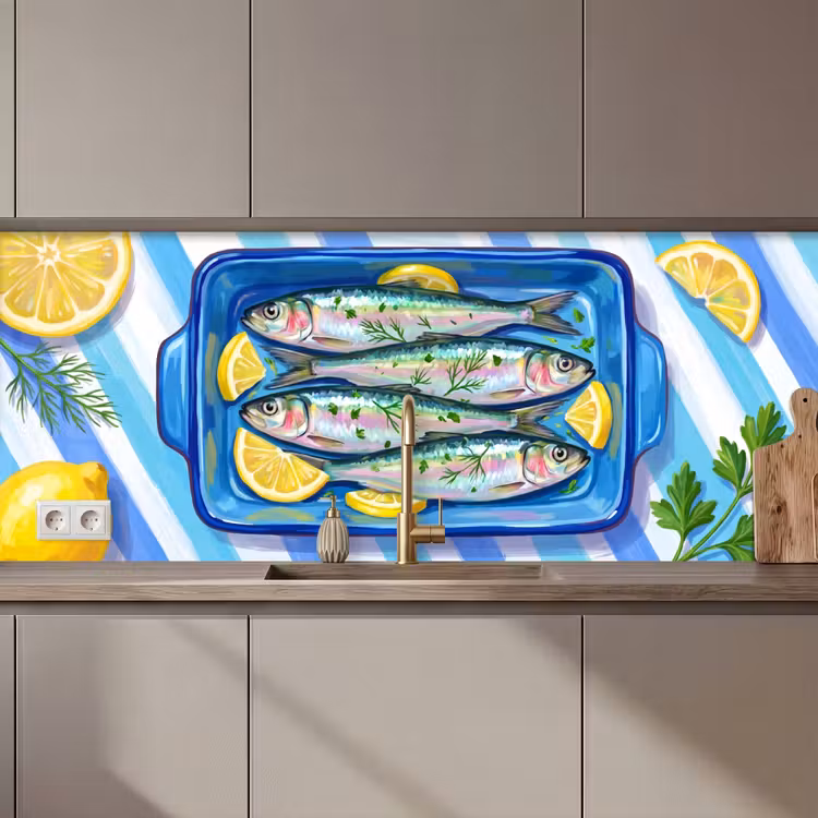 Keuken achterwand - Vis - Citroen - Kruiden - Eten - Blauw — 1