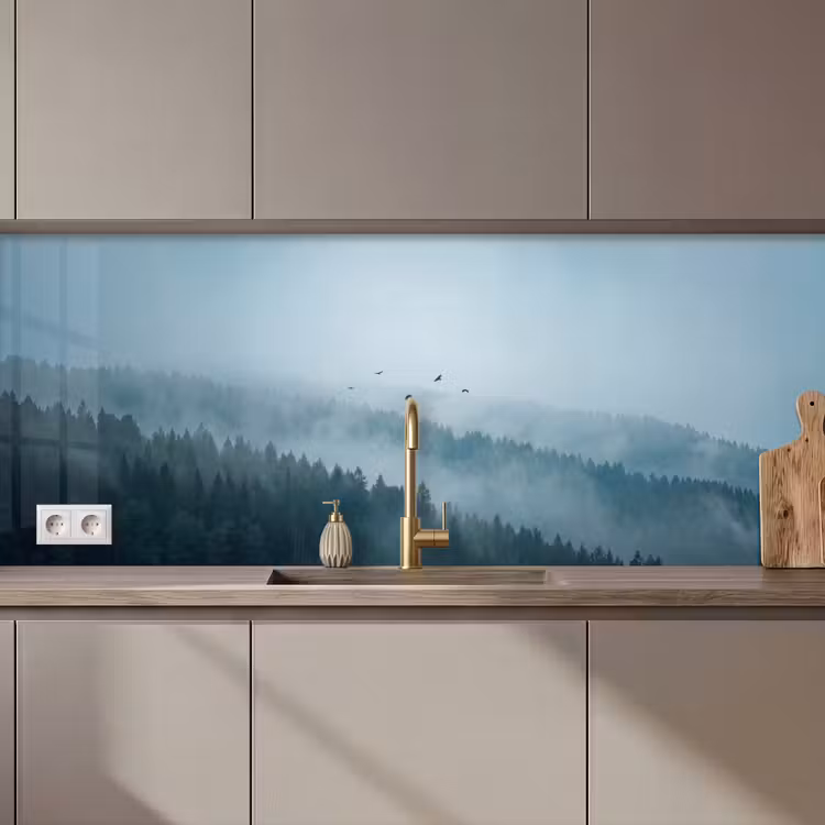 Keuken achterwand - Bos - Mist - Vogels - Natuur - Groen — 1