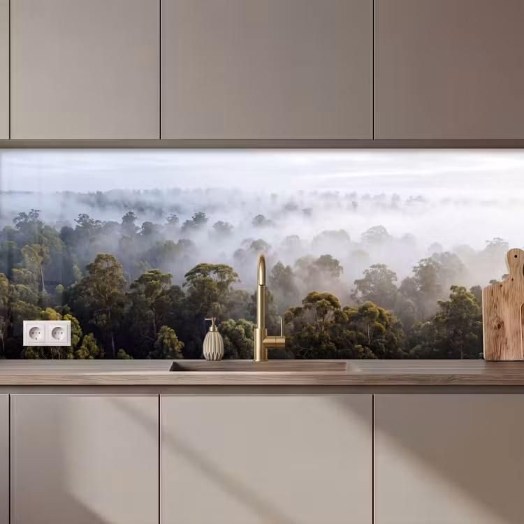 Keuken achterwand - Natuur - Mist - Bos - Ochtend - Goud — 1