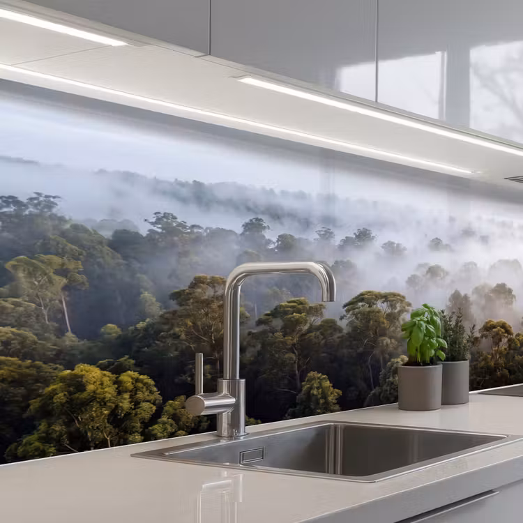 Keuken achterwand - Natuur - Mist - Bos - Ochtend - Goud — 2