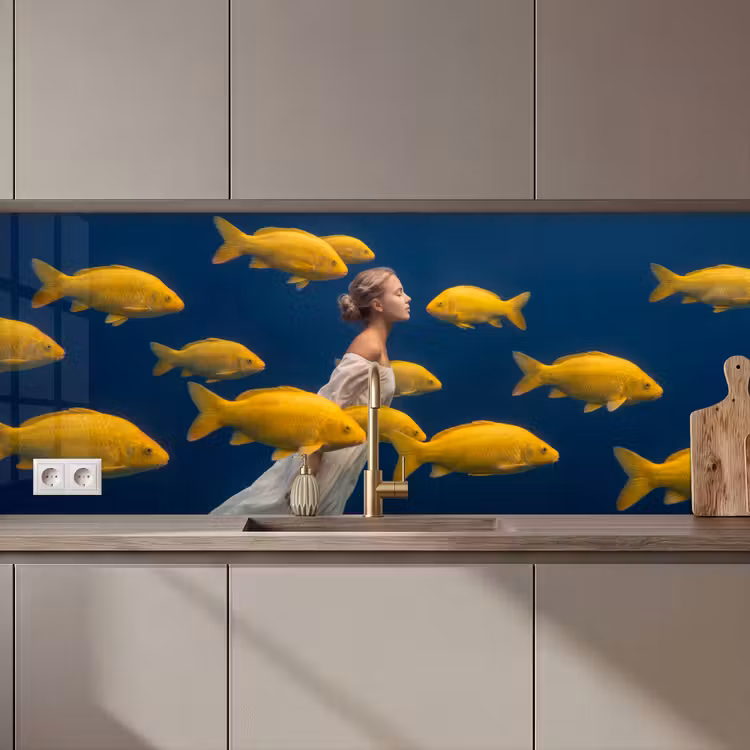 Keuken achterwand - Vrouw - Vis - Water - Natuur - Geel — 1