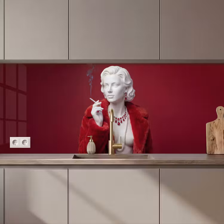 Keuken achterwand - Vrouw - Bontjas - Mode - Klassiek - Rood — 1