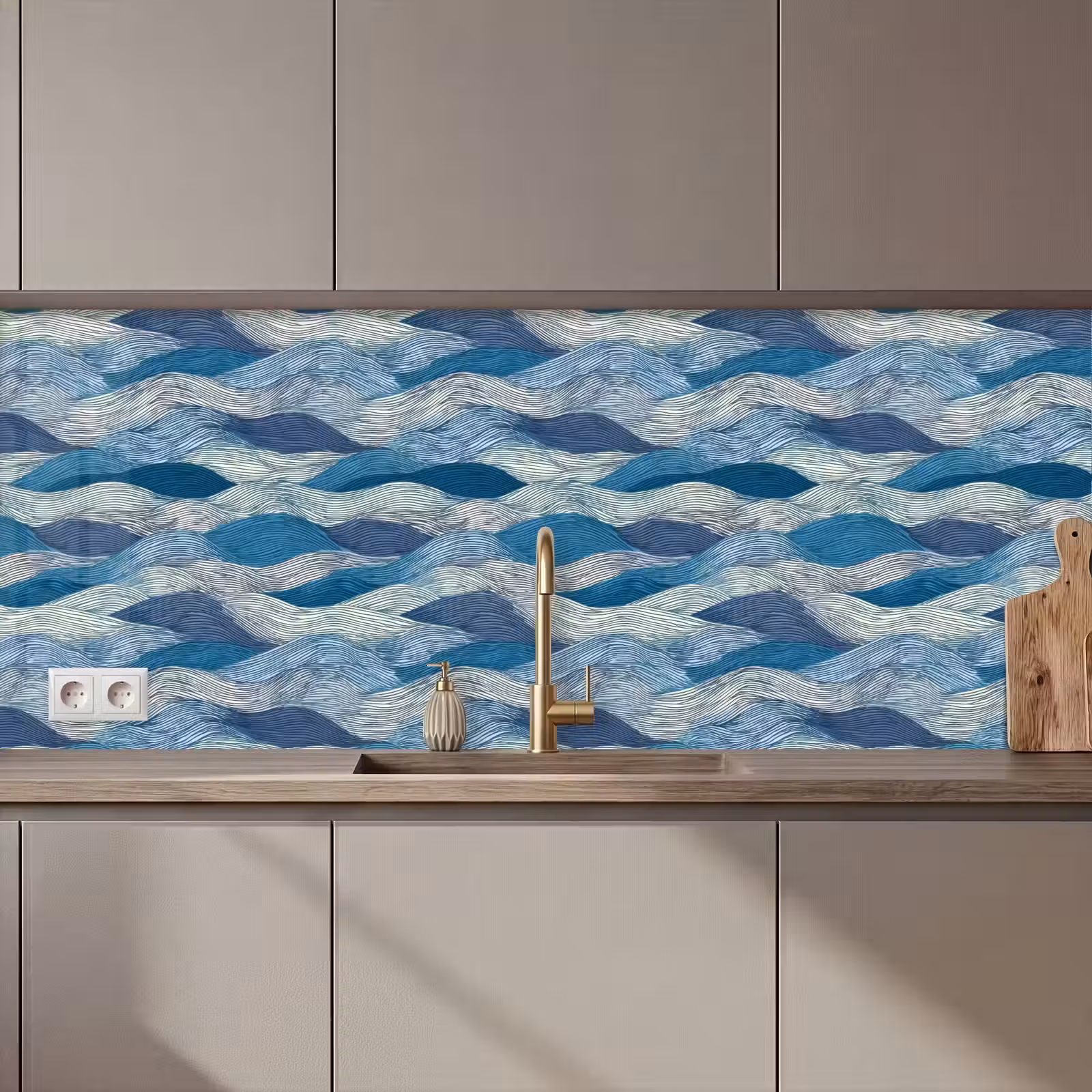 Keuken achterwand - Getekend - Blauw - Wit - Golvend - Streepjes — 1