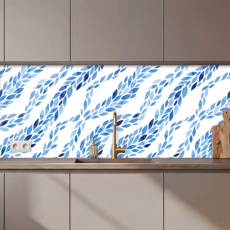 Keuken achterwand - Bladeren - Aquarel - Patroon - Modern - Blauw — 1