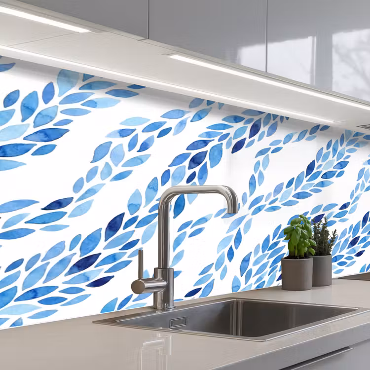 Keuken achterwand - Bladeren - Aquarel - Patroon - Modern - Blauw — 2
