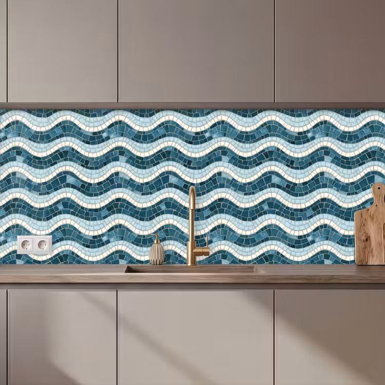 Keuken achterwand - Blauw - Wit - Mozaïek - Golvend — 1