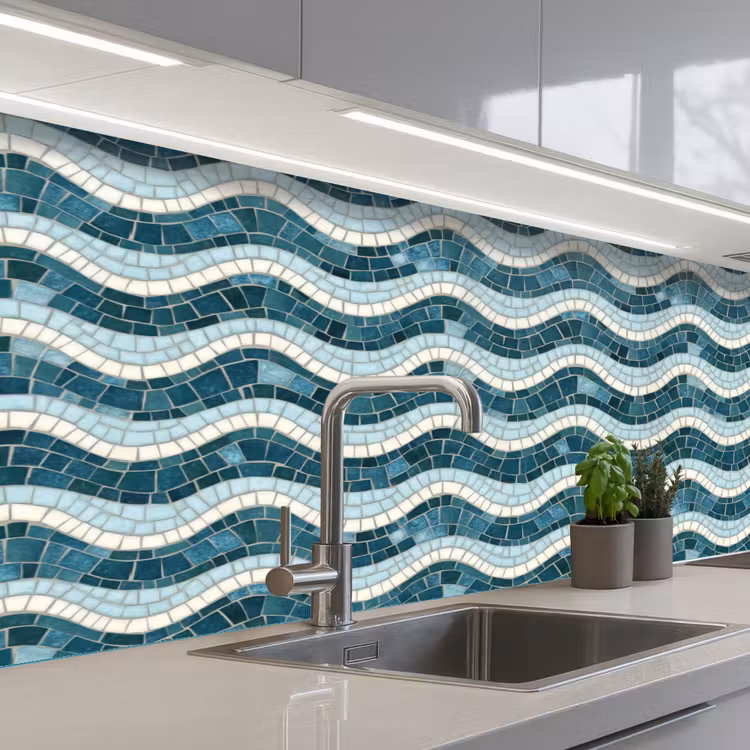 Keuken achterwand - Blauw - Wit - Mozaïek - Golvend — 2