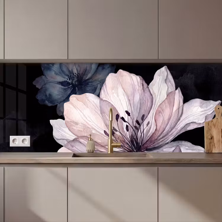 Keuken achterwand - Bloemen - Aquarel - Modern - Roze - Donker — 1