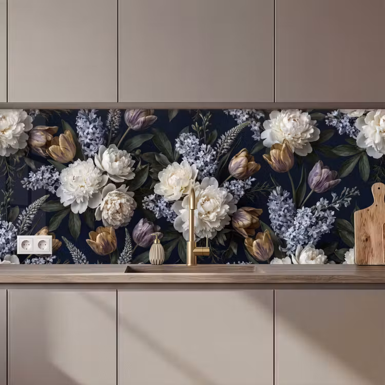 Keuken achterwand - Bloemen - Donker - Elegant - Natuur - Wit — 1